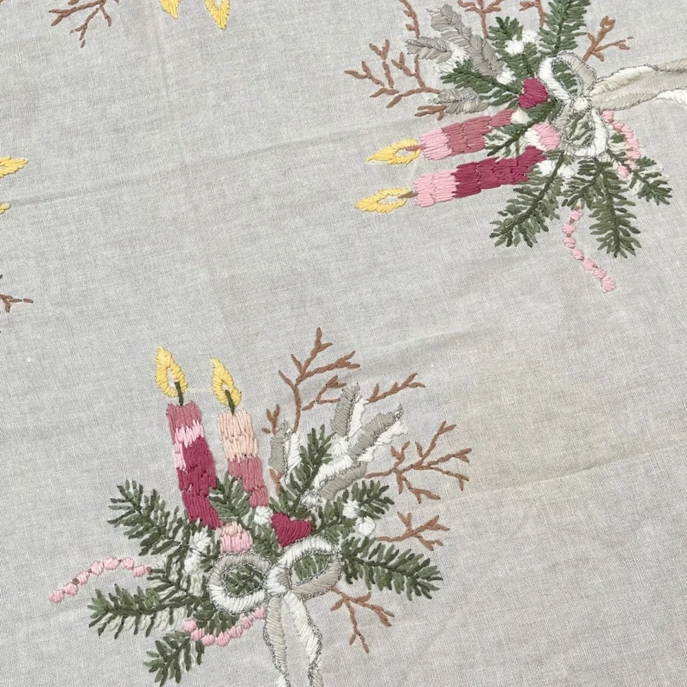 Vintage Embroidered Christmas Candle Dresser Scarf White Cotton Holiday Decor